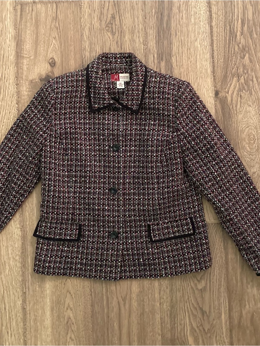 Collection by Jennifer Moore Pink and Black Tweed Button Front Jacket
